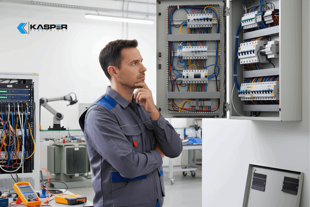 man looking at breaker box at work