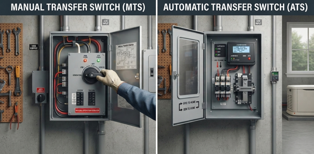 Side-by-side comparison of a Manual Transfer Switch (MTS) being turned by hand and an Automatic Transfer Switch (ATS) with a digital control panel