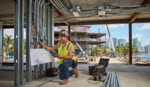 Electrician in a hard hat and safety vest kneeling at a construction site, reviewing blueprints while working on electrical conduit