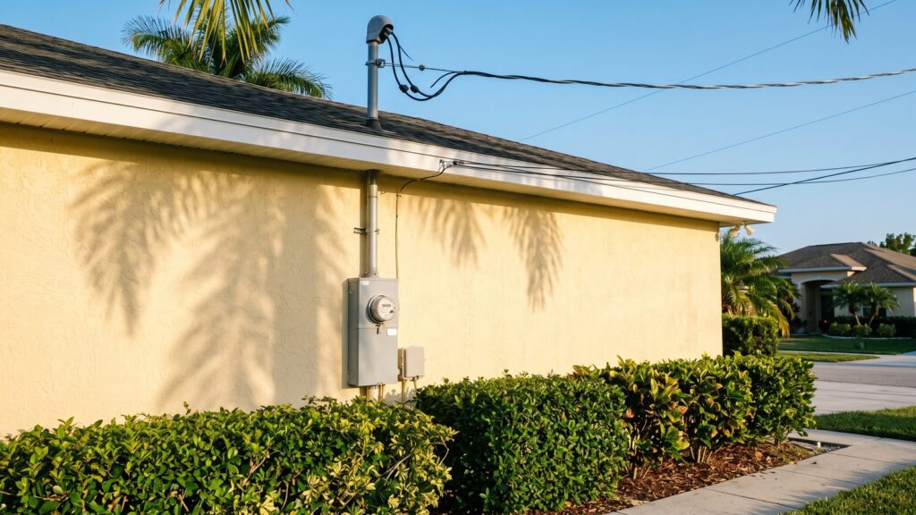 Electric meter can and service mast on the outside wall of a South Florida home